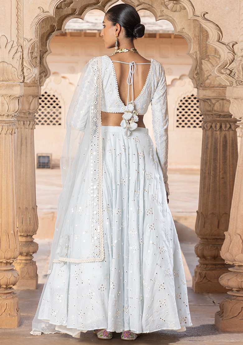 Iceblue With Dupatta Cotton Lehenga Set with Embroidered for Diwali | Wedding & Festive Wear - Indya