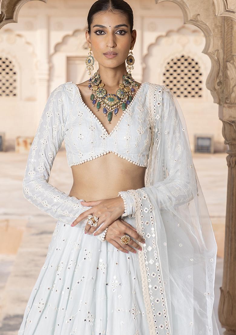 Iceblue Embroidered Cotton Lehenga Set With Dupatta