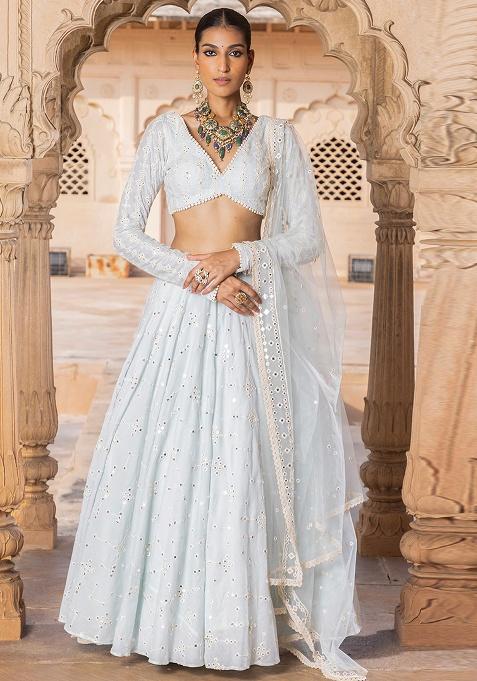 Iceblue Embroidered Cotton Lehenga Set With Dupatta