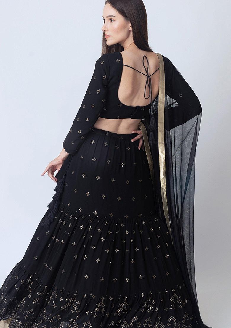 Black Embroidered Georgette Lehenga Set With Dupatta