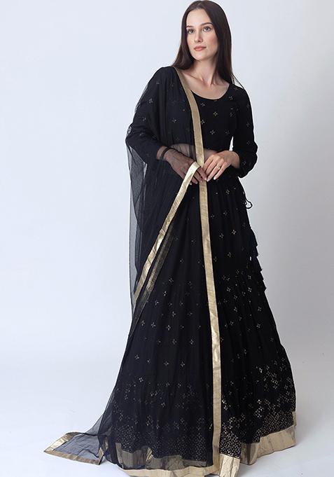 Black Embroidered Georgette Lehenga Set With Dupatta