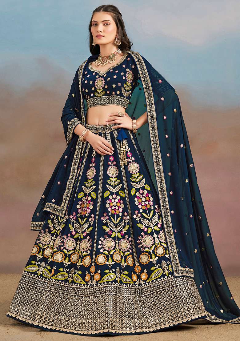 Navy Blue Georgette Sequin Work Lehenga Set for Diwali and Festive Wear - Indya