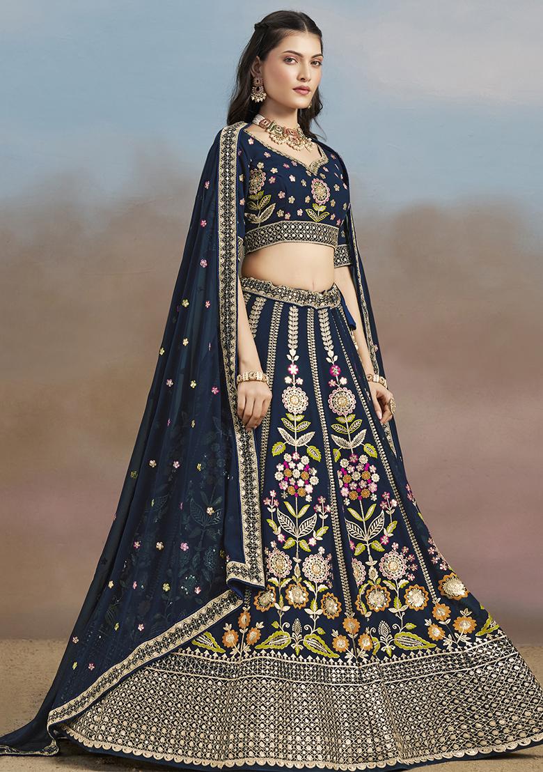 Navy Blue Georgette Sequin Work Lehenga Set