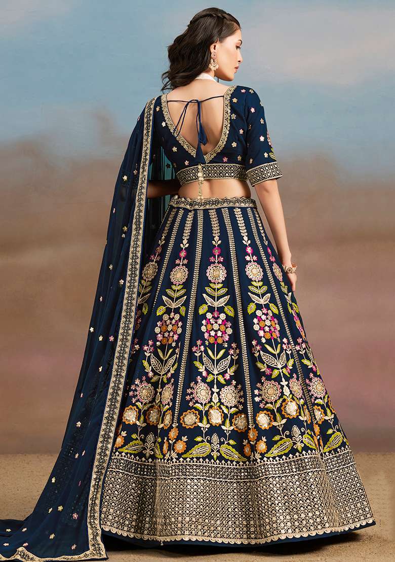Navy Blue Georgette Sequin Work Lehenga Set for Diwali and Festive Wear - Indya