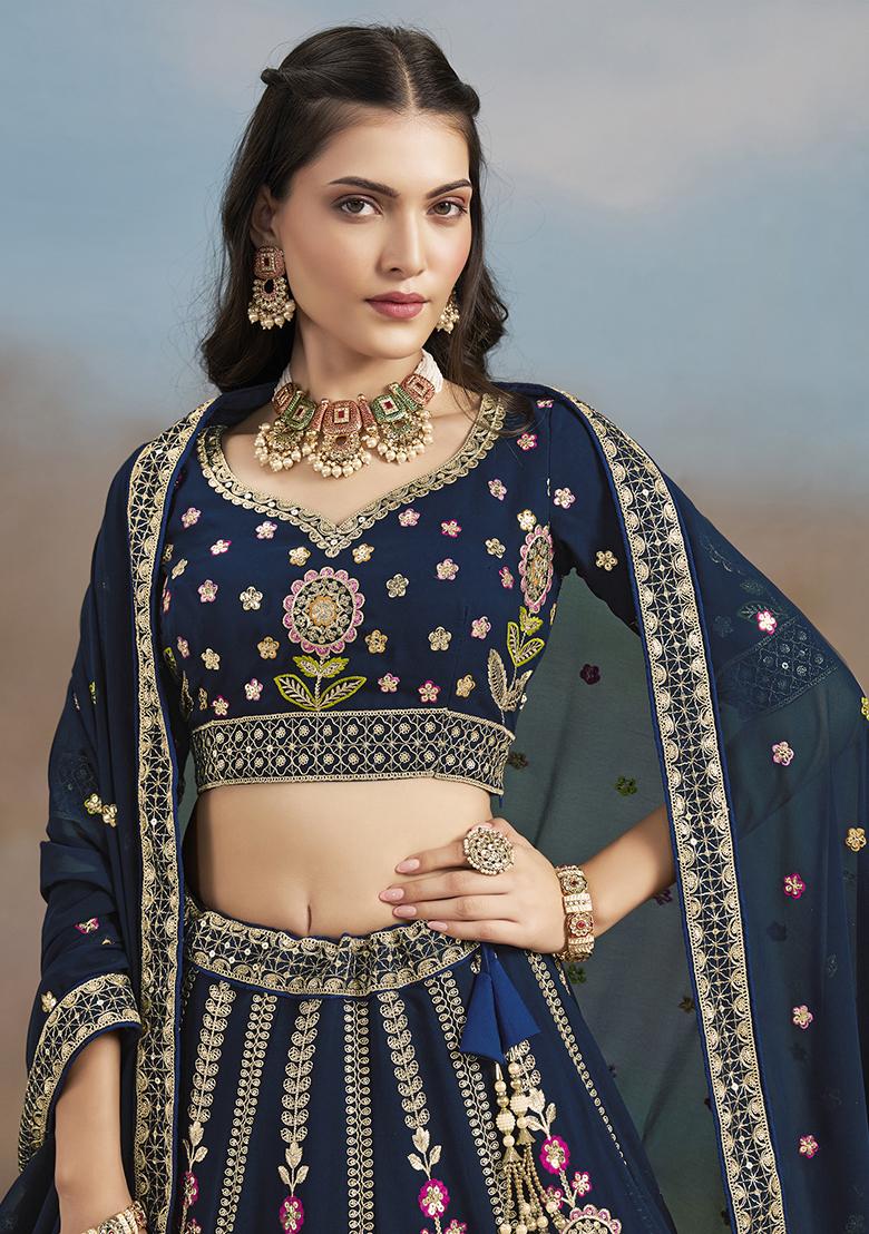 Navy Blue Georgette Sequin Work Lehenga Set