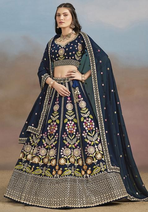 Navy Blue Georgette Sequin Work Lehenga Set