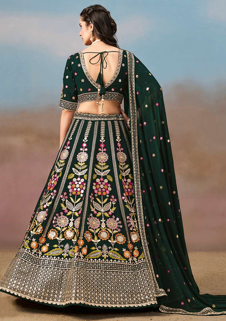 Green Georgette Sequin Work Lehenga Set for Diwali and Festive Wear - Indya