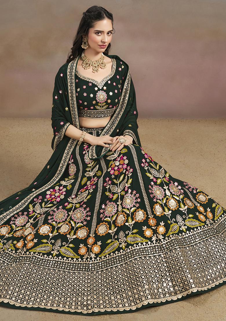 Green Georgette Sequin Work Lehenga Set
