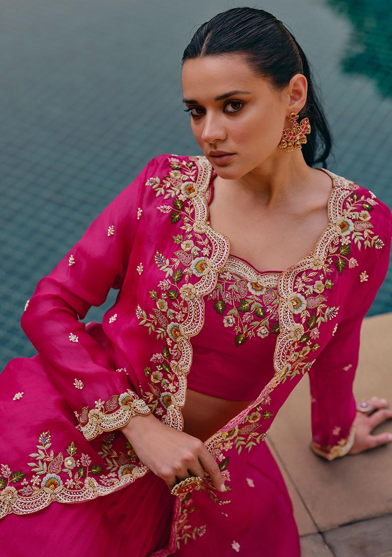 Pink Digital Print Chinon Silk Lehenga Set