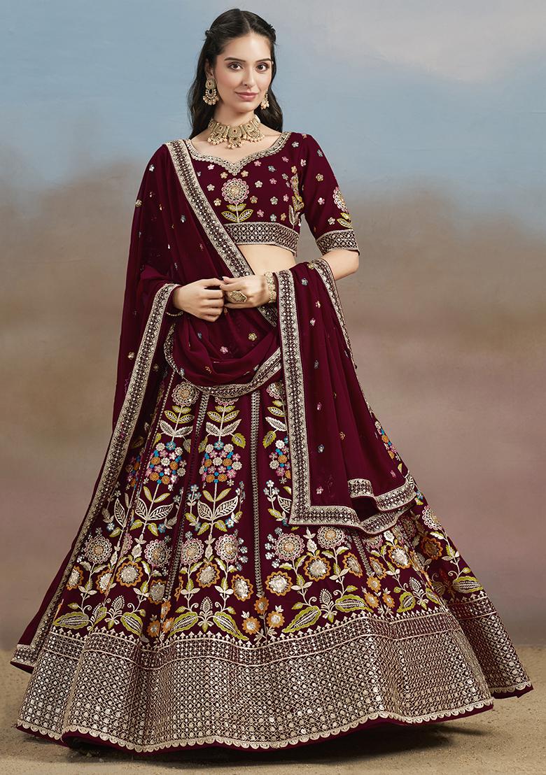Maroon Georgette Sequin Work Lehenga Set