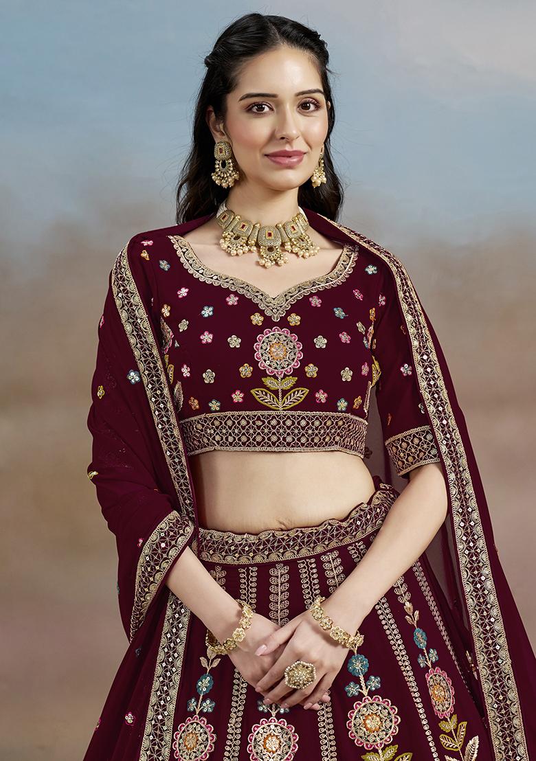 Maroon Georgette Sequin Work Lehenga Set