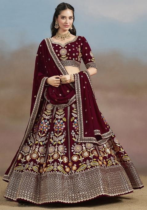 Maroon Georgette Sequin Work Lehenga Set