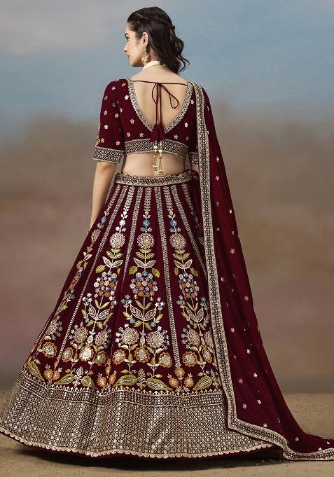 Maroon Georgette Sequin Work Lehenga Set