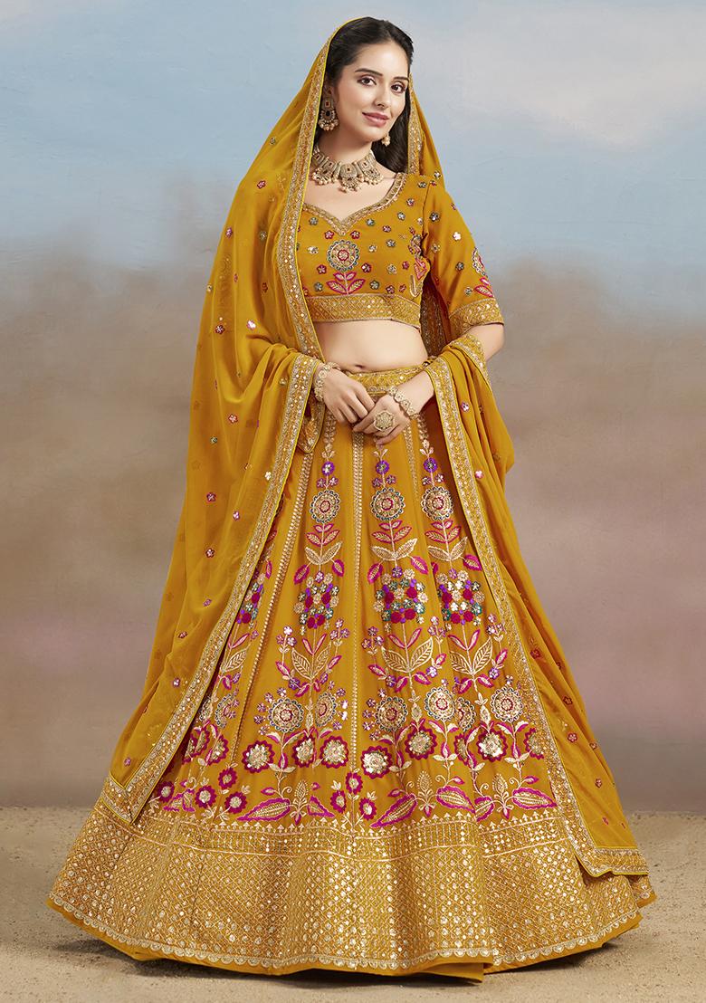 Yellow Georgette Sequin Work Lehenga Set