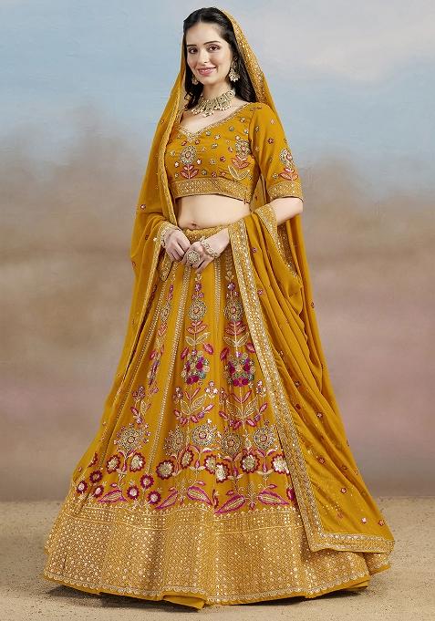 Yellow Georgette Sequin Work Lehenga Set