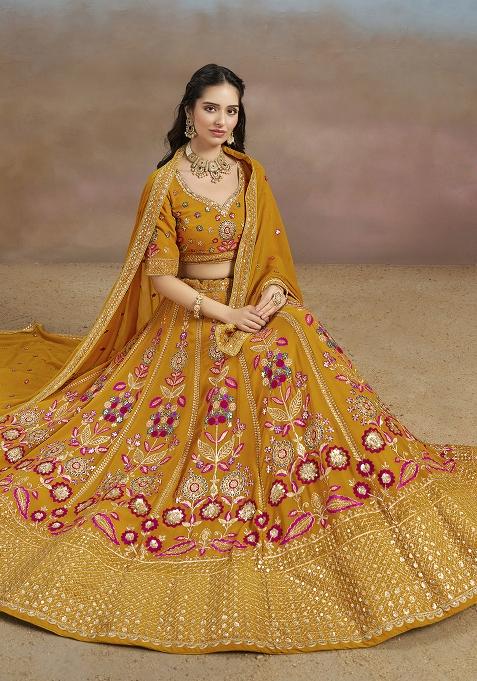 Yellow Georgette Sequin Work Lehenga Set