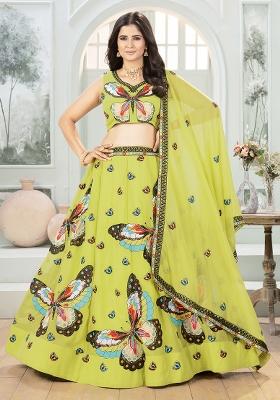 Parrot Green Embroidererd Georgette Lehenga Set With Dupatta