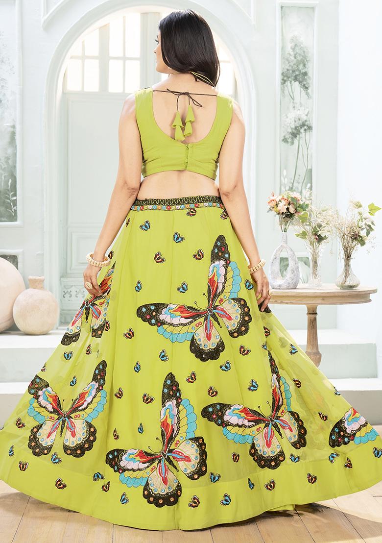 Parrot Green Embroidererd Georgette Lehenga Set With Dupatta