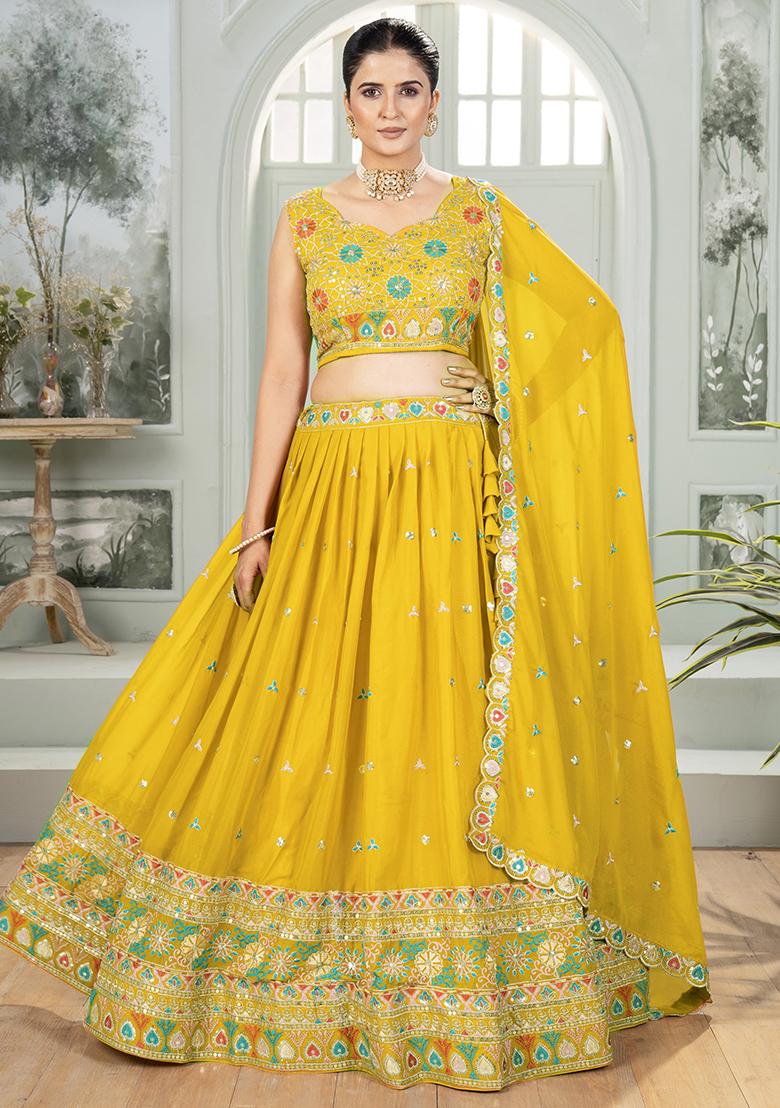 Mustard Yellow Embroidererd Georgette Lehenga Set With Dupatta