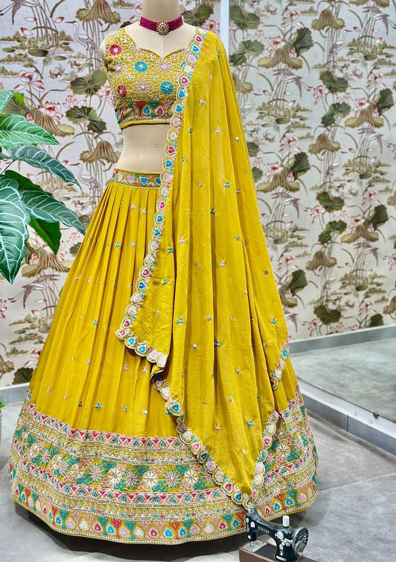 Mustard Yellow Embroidererd Georgette Lehenga Set With Dupatta