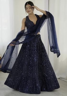 Navy Blue Embroidererd Net Lehenga Set With Dupatta