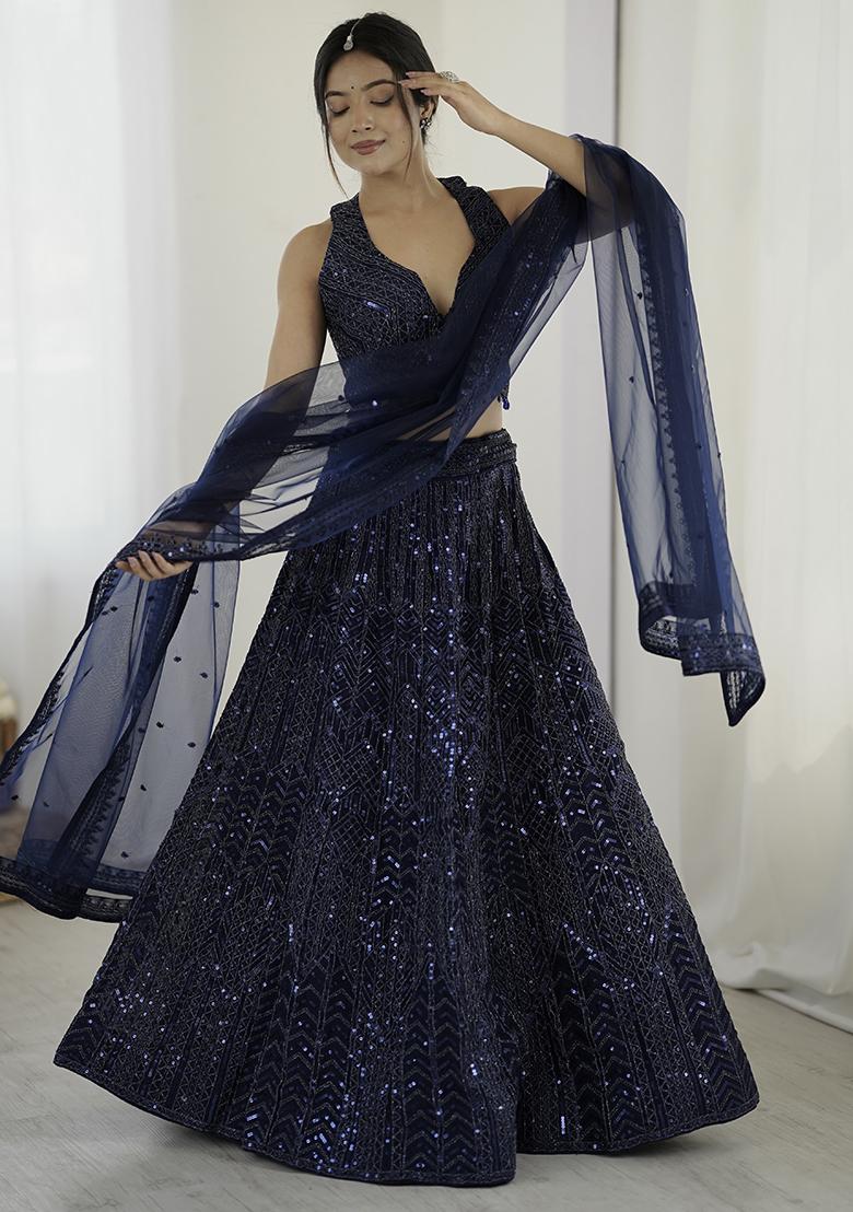 Navy Blue Embroidererd Net Lehenga Set With Dupatta