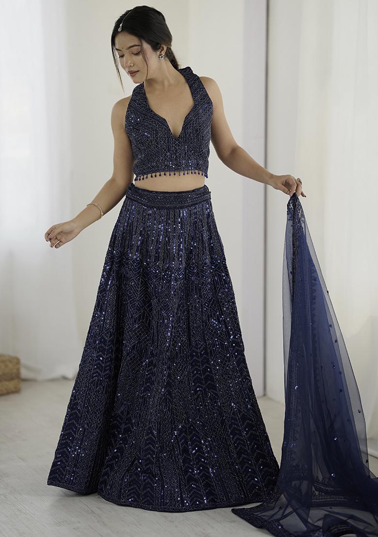 Navy Blue Embroidererd Net Lehenga Set With Dupatta
