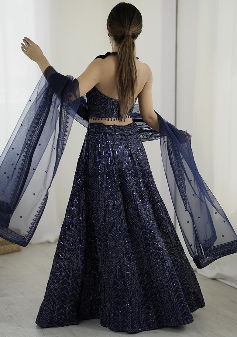 Navy Blue Embroidererd Net Lehenga Set With Dupatta