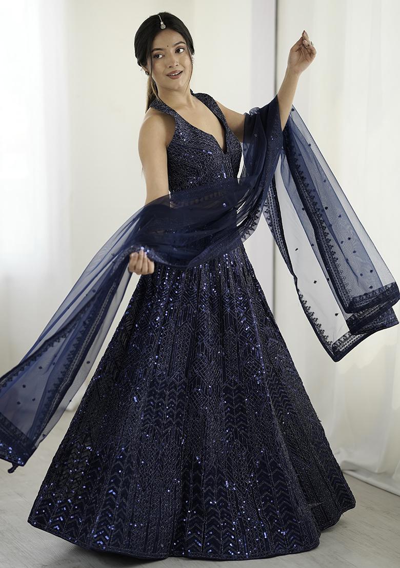 Navy Blue Embroidererd Net Lehenga Set With Dupatta