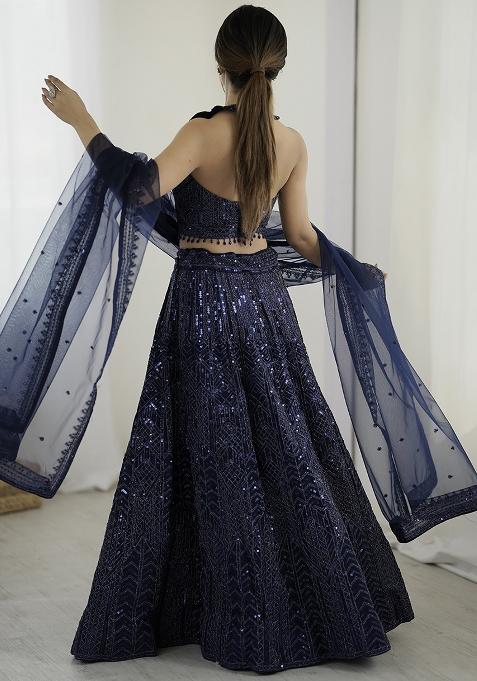 Navy Blue Embroidererd Net Lehenga Set With Dupatta