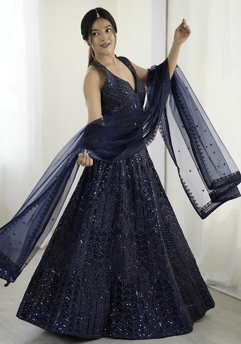 Navy Blue Embroidererd Net Lehenga Set With Dupatta