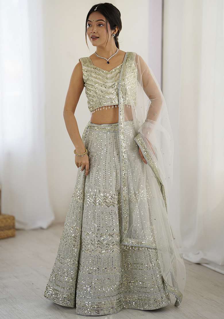 Grey Embroidererd With Dupatta Net Lehenga Set for Diwali | Wedding & Festive Wear - Indya