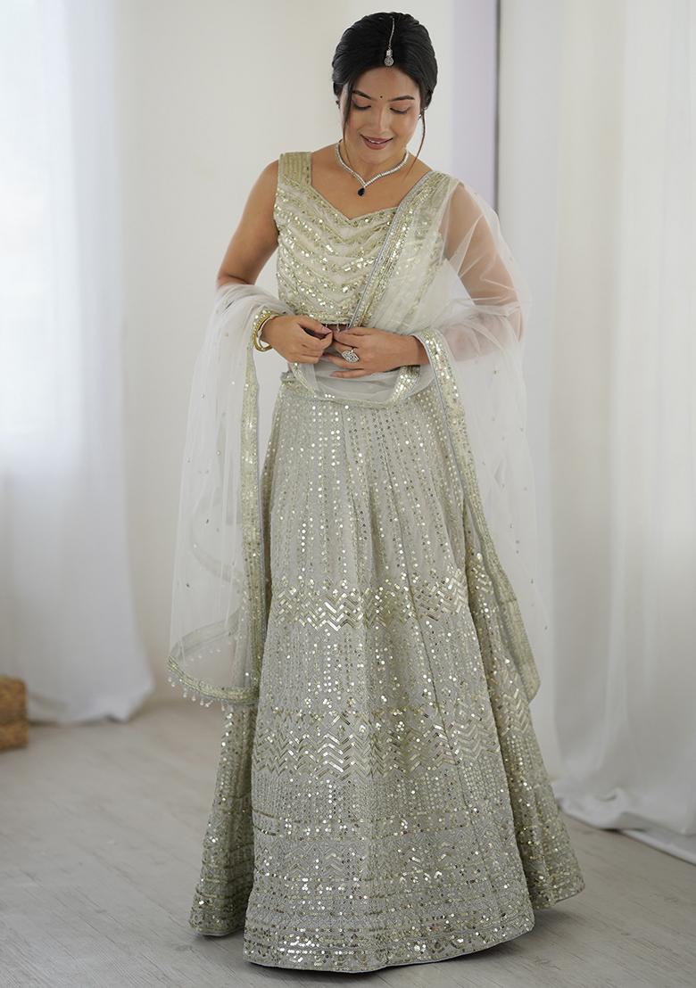 Grey Embroidererd Net Lehenga Set With Dupatta