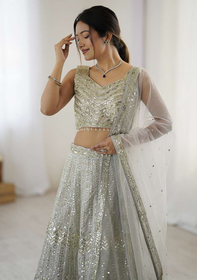 Grey Embroidererd With Dupatta Net Lehenga Set for Diwali | Wedding & Festive Wear - Indya