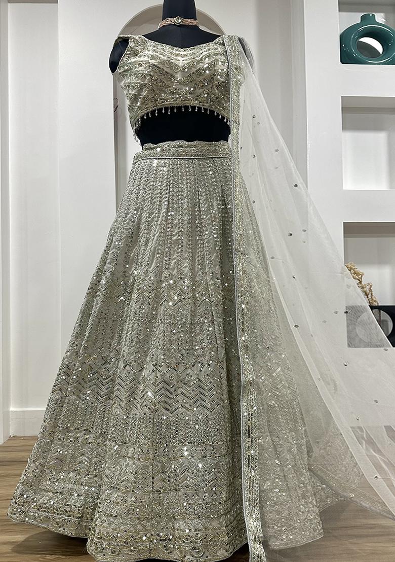 Grey Embroidererd Net Lehenga Set With Dupatta