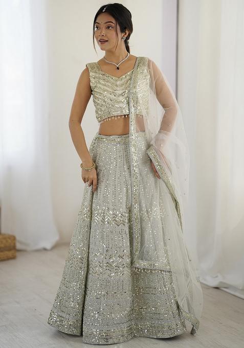 Grey Embroidererd Net Lehenga Set With Dupatta