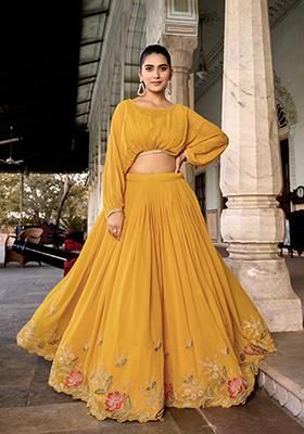 Mustard Yellow cotton Embroidered Lehenga Set