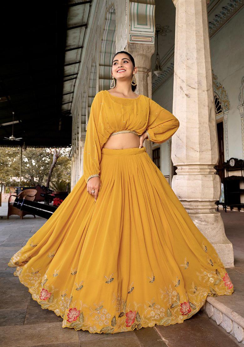 Mustard Yellow cotton Embroidered Lehenga Set