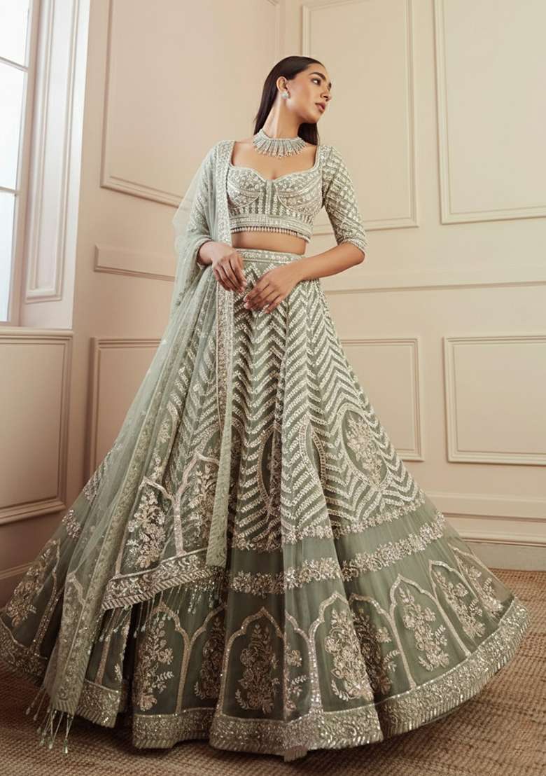 Pista With Dupatta Georgette Lehenga Set with Embroidered for Diwali | Wedding & Festive Wear - Indya