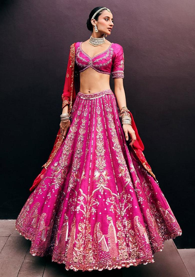 Rani Pink Embroidered Chinon Lehenga Set With Dupatta
