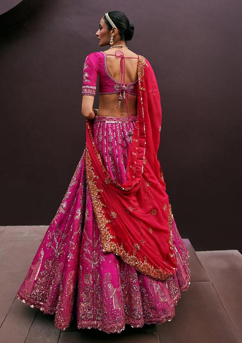 Rani Pink Embroidered Chinon Lehenga Set With Dupatta
