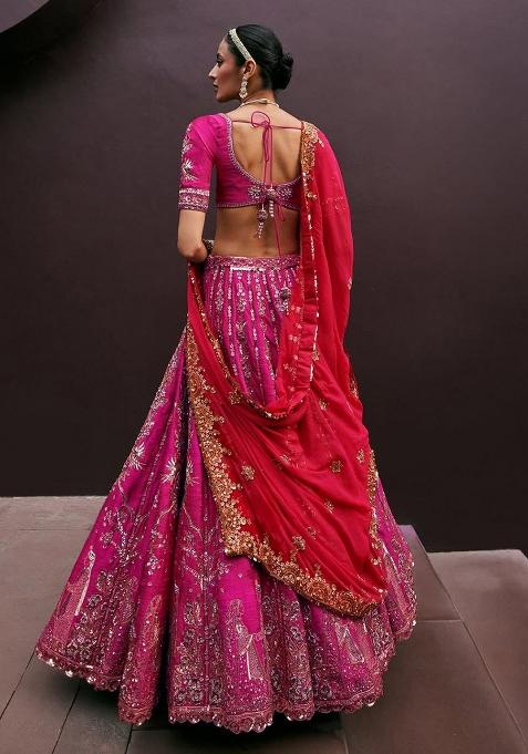 Rani Pink Embroidered Chinon Lehenga Set With Dupatta