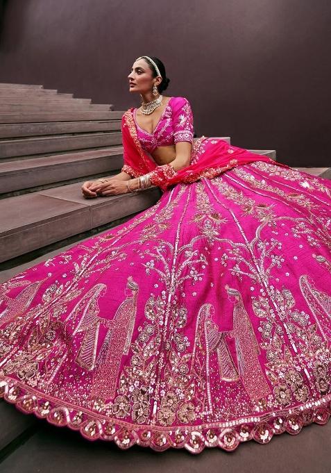 Rani Pink Embroidered Chinon Lehenga Set With Dupatta