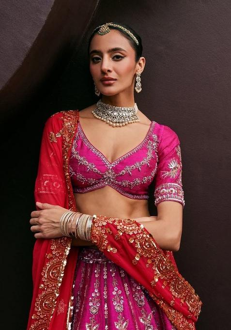 Rani Pink Embroidered Chinon Lehenga Set With Dupatta