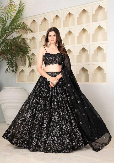 Black Embroidered Georgette Lehenga Set With Dupatta