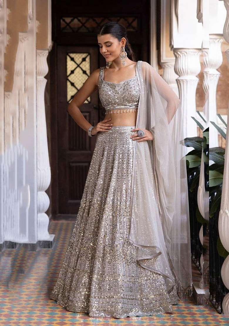Silver Embroidered Georgette Lehenga Set With Dupatta for Diwali and Festive Wear - Indya