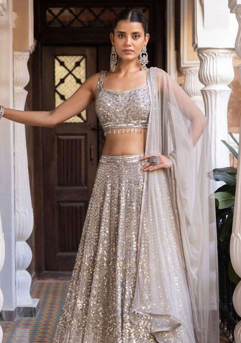 Silver Embroidered Georgette Lehenga Set With Dupatta for Diwali and Festive Wear - Indya