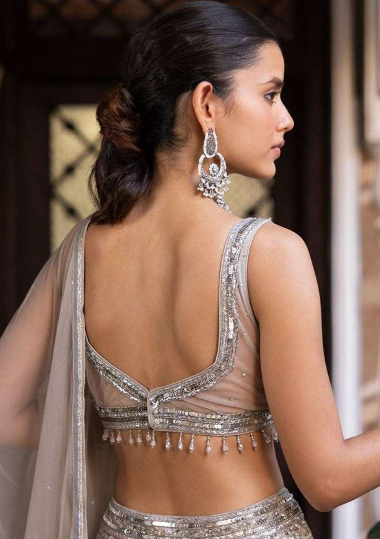 Silver Embroidered Georgette Lehenga Set With Dupatta for Diwali and Festive Wear - Indya