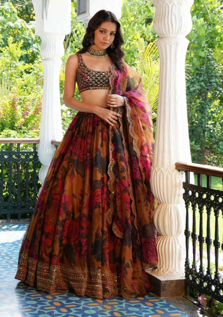 Red Embroidered Georgette Lehenga Set With Dupatta