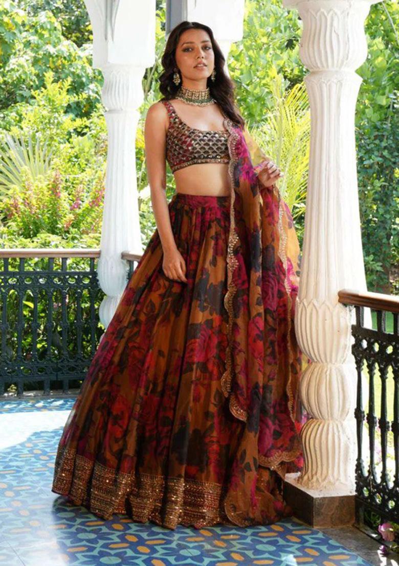Red Embroidered Georgette Lehenga Set With Dupatta